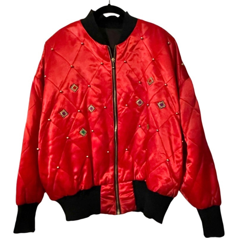 Vintage 80s Quilted Red Satin Bomber Jacket